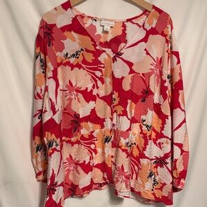 Liz Claiborne Pink Multi Floral V-Neck Button Front Blouse SZ 2X